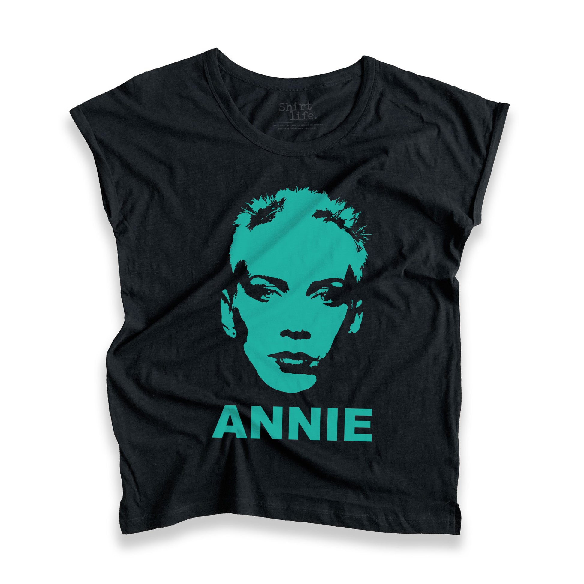 Annie Lennox face shirt roll up sleeves organic black
