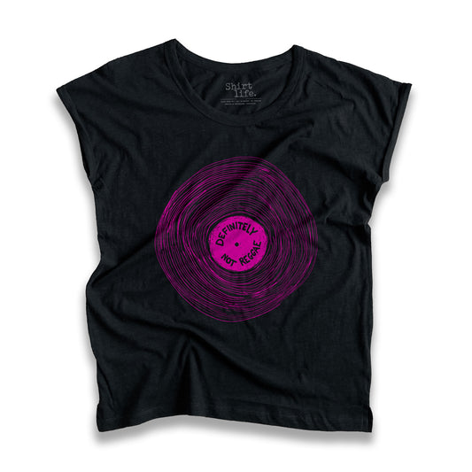 Black roll up sleeve organic slub shirt with pink graphic statement definitely not reggae