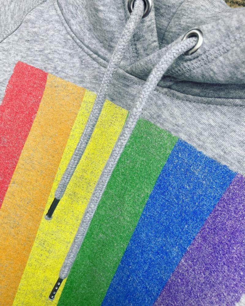 Organic Pride unisex hoodie in top quality. Show the LGBT flag colors with this Gay pride hoodie, Printed with big equality, pride and rainbow statement graphic. For yourself, for a gift to a gay or non gay friend. Sustainable with eco certifed ink.